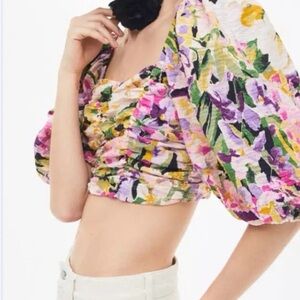 H&M Multicolor Floral Puff Sleeve Crop Top